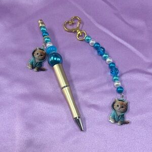 Beaded Gold and Teal Cat Charm Pen Set with gift box